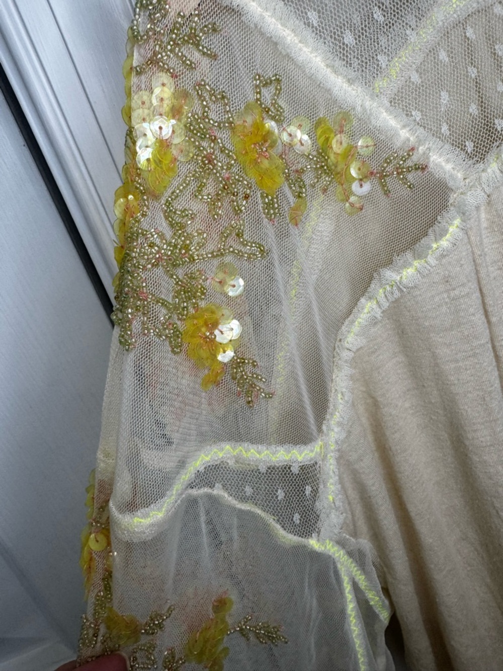 Free People Cream Sheer Embroidered Sleeve Blouse - Picture 4 of 7